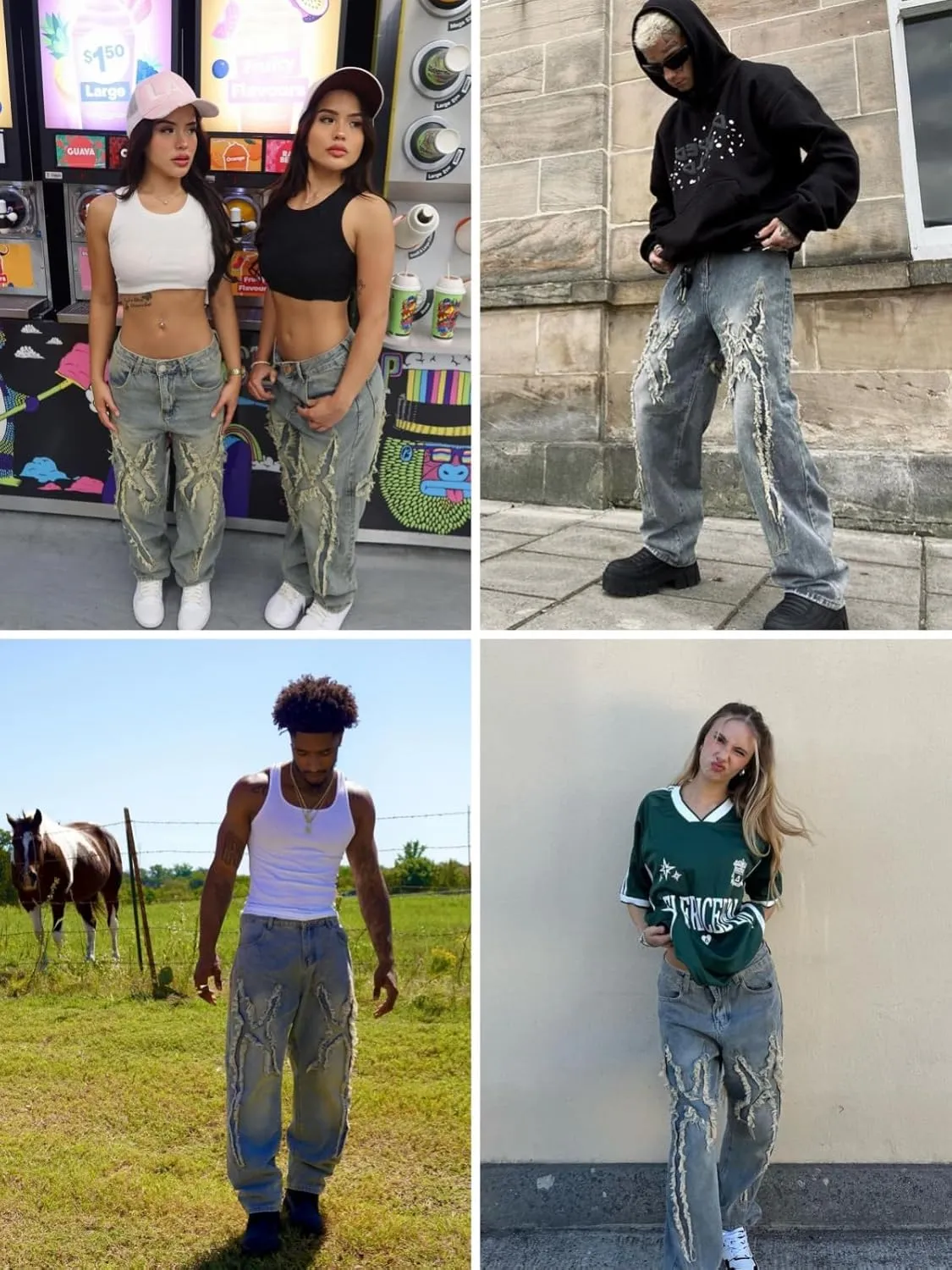 Aelfric Eden Mens Jeans Ripped Patchwork Fringe Denim Pants Wide Leg Y2K Jeans Hip Hop Streetwear Baggy Straight Trousers