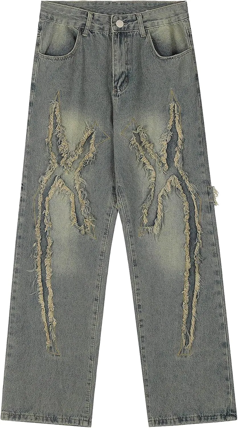 Aelfric Eden Mens Jeans Ripped Patchwork Fringe Denim Pants Wide Leg Y2K Jeans Hip Hop Streetwear Baggy Straight Trousers