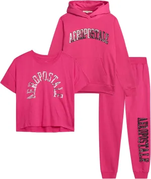 AEROPOSTALE Girls' Sweatsuit Set - 3 Piece Cozy Fleece Pullover Hoodie, Jogger Pants, and Graphic Tee for Girls (Sizes: 7-16)