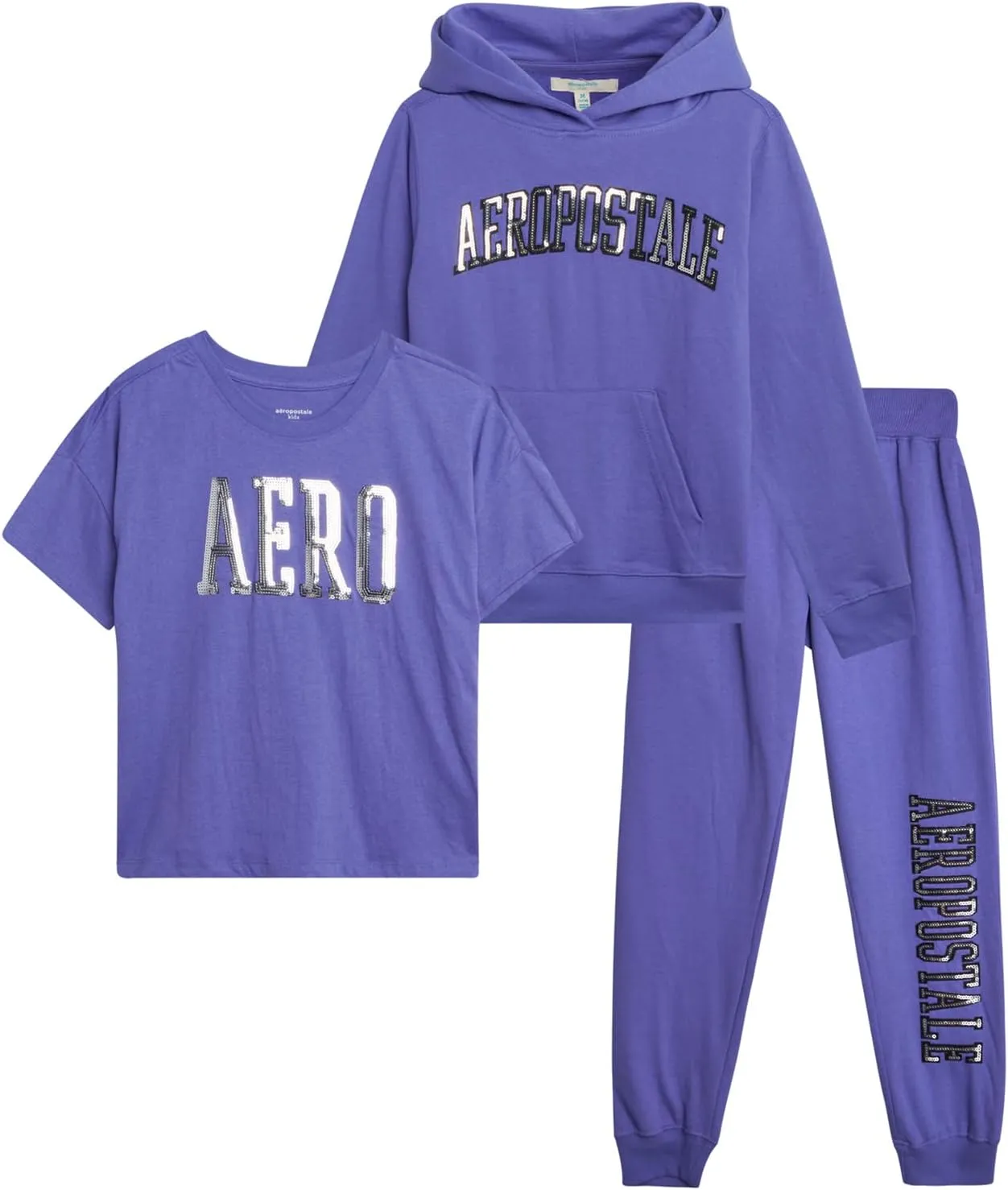AEROPOSTALE Girls' Sweatsuit Set - 3 Piece Cozy Fleece Pullover Hoodie, Jogger Pants, and Graphic Tee for Girls (Sizes: 7-16)