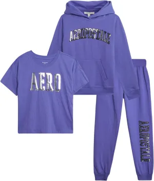 AEROPOSTALE Girls' Sweatsuit Set - 3 Piece Cozy Fleece Pullover Hoodie, Jogger Pants, and Graphic Tee for Girls (Sizes: 7-16)