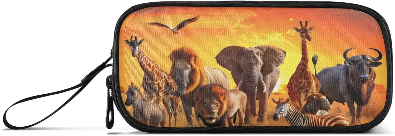 African Animals Pencil Case Box Boys Girls Large Pencil Pouch with Zipper Compartments Big Capacity Stationery Pen Bag Organizer for Kids Teens Adults School