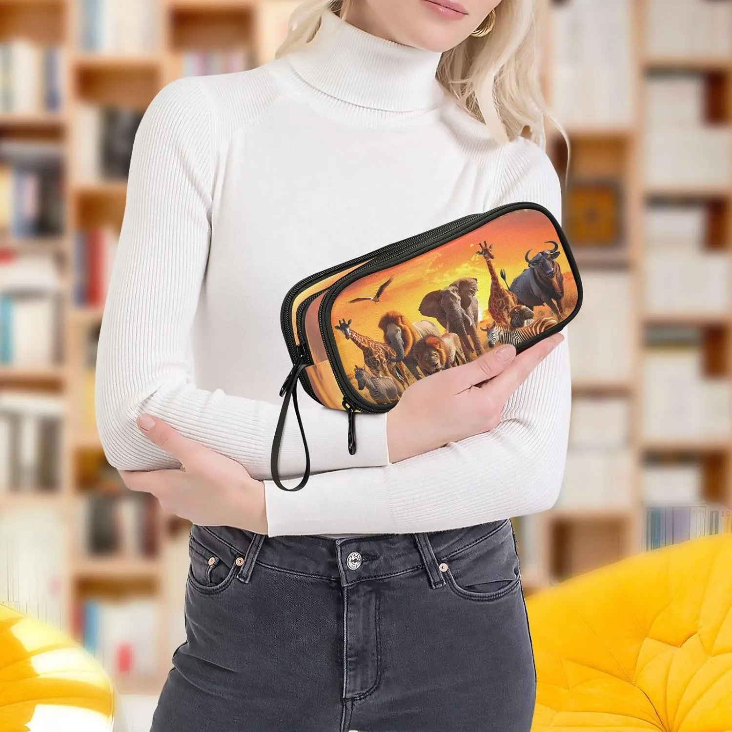 African Animals Pencil Case Box Boys Girls Large Pencil Pouch with Zipper Compartments Big Capacity Stationery Pen Bag Organizer for Kids Teens Adults School