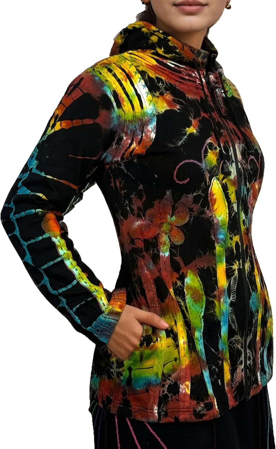 Agan Traders 2025 Spring Knit Cotton Bohemian Distressed Zip-Up Hoodies - Lightweight Tie-Dye Embroidered Jackets for Women