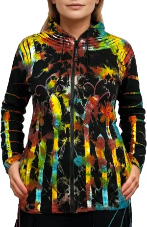 Agan Traders 2025 Spring Knit Cotton Bohemian Distressed Zip-Up Hoodies - Lightweight Tie-Dye Embroidered Jackets for Women