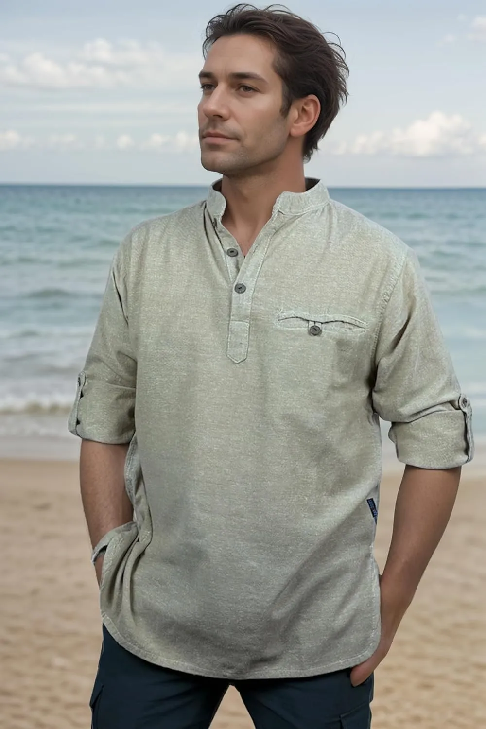 Agan Traders 2025 Spring Men's Patchwork Boho Hipster Cotton Henley Shirts - Granddad Collar Lightweight Short Kurta for Men
