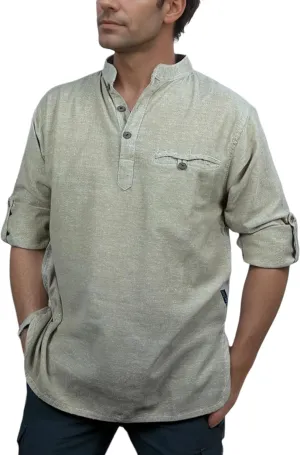 Agan Traders 2025 Spring Men's Patchwork Boho Hipster Cotton Henley Shirts - Granddad Collar Lightweight Short Kurta for Men