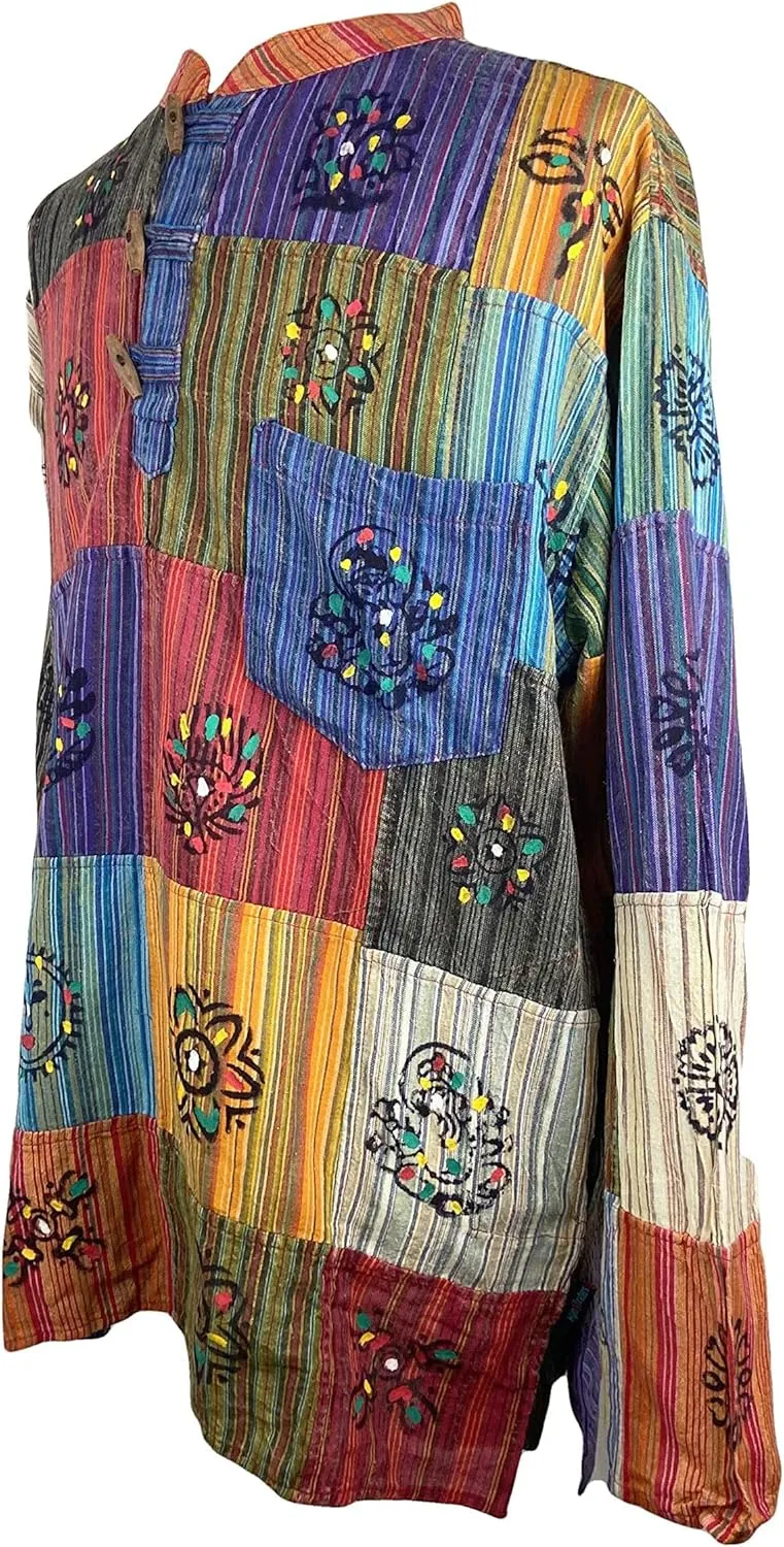 Agan Traders 2025 Spring Men's Patchwork Boho Hipster Cotton Henley Shirts - Granddad Collar Lightweight Short Kurta for Men