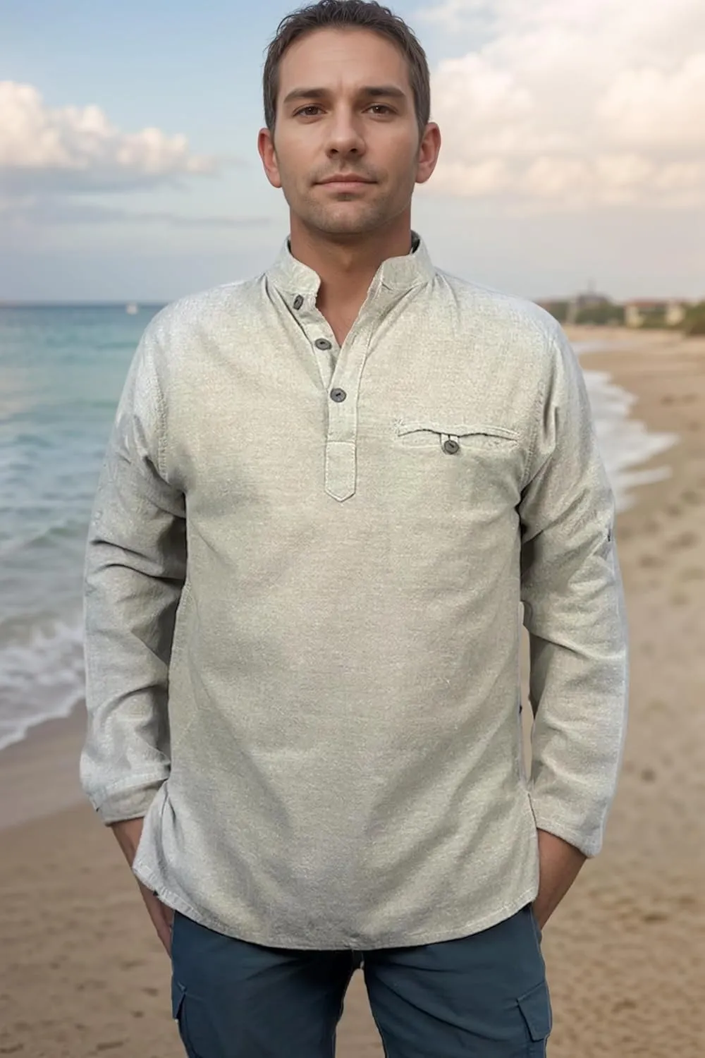 Agan Traders 2025 Spring Men's Patchwork Boho Hipster Cotton Henley Shirts - Granddad Collar Lightweight Short Kurta for Men