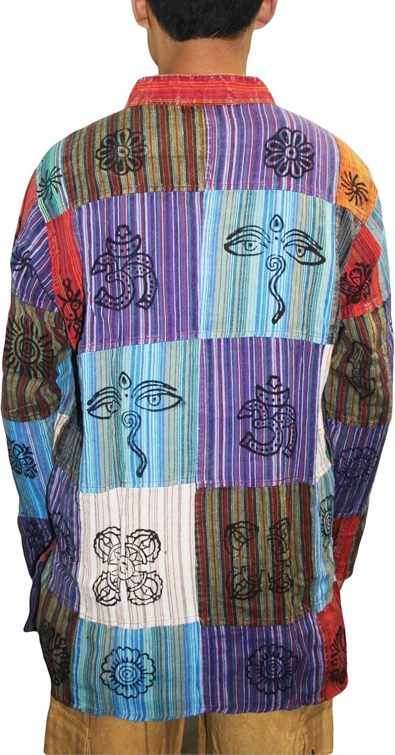 Agan Traders 2025 Spring Men's Patchwork Boho Hipster Cotton Henley Shirts - Granddad Collar Lightweight Short Kurta for Men