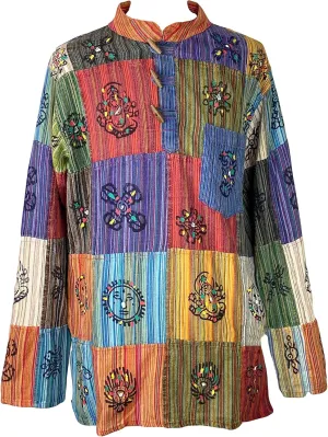 Agan Traders 2025 Spring Men's Patchwork Boho Hipster Cotton Henley Shirts - Granddad Collar Lightweight Short Kurta for Men