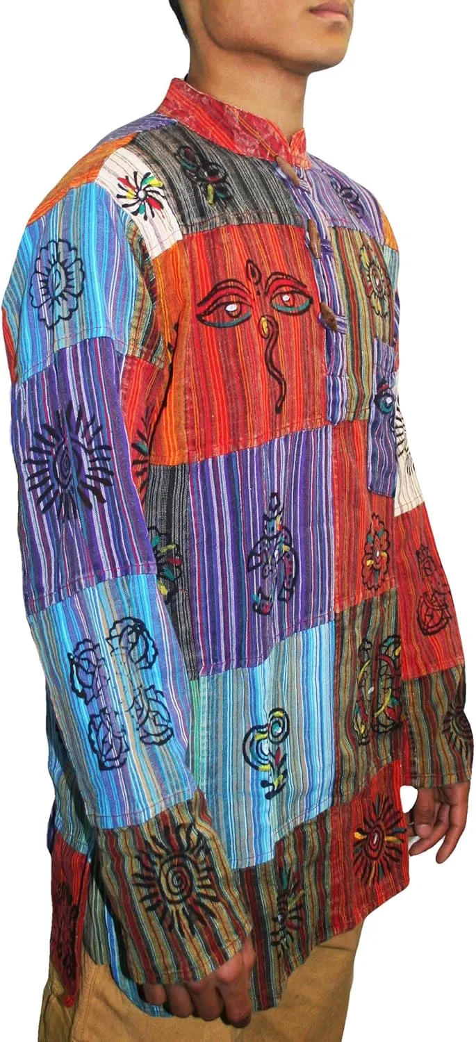 Agan Traders 2025 Spring Men's Patchwork Boho Hipster Cotton Henley Shirts - Granddad Collar Lightweight Short Kurta for Men