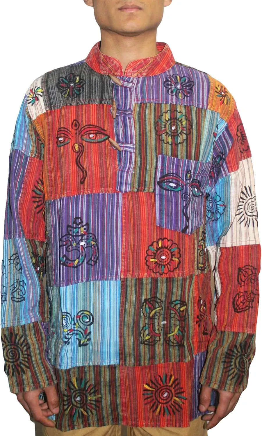 Agan Traders 2025 Spring Men's Patchwork Boho Hipster Cotton Henley Shirts - Granddad Collar Lightweight Short Kurta for Men