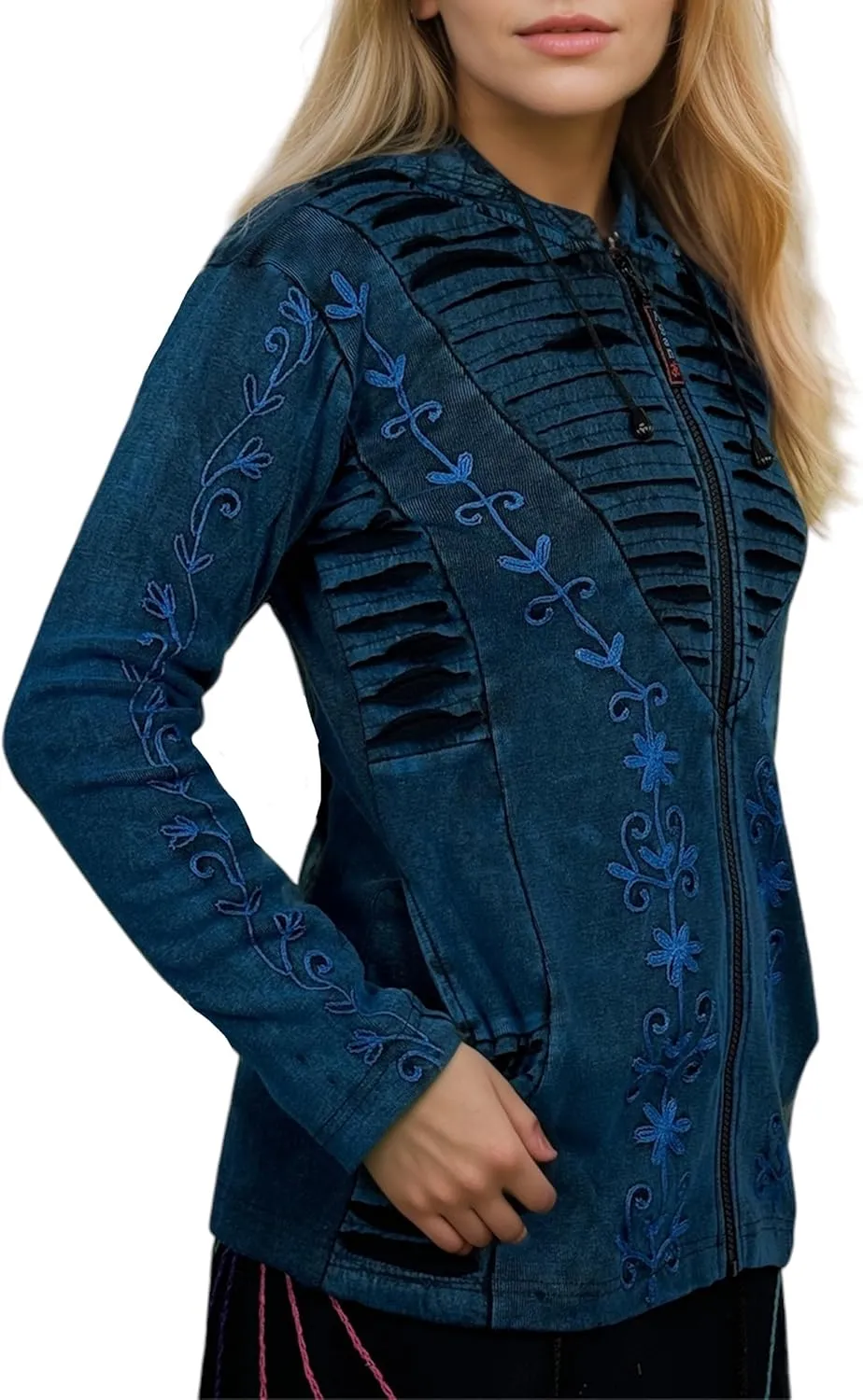 Agan Traders 2025 Summer Bohemian Rib Knit Cotton Distressed Embroidered Zip Up Hoodie Sweatshirt Jackets for Women