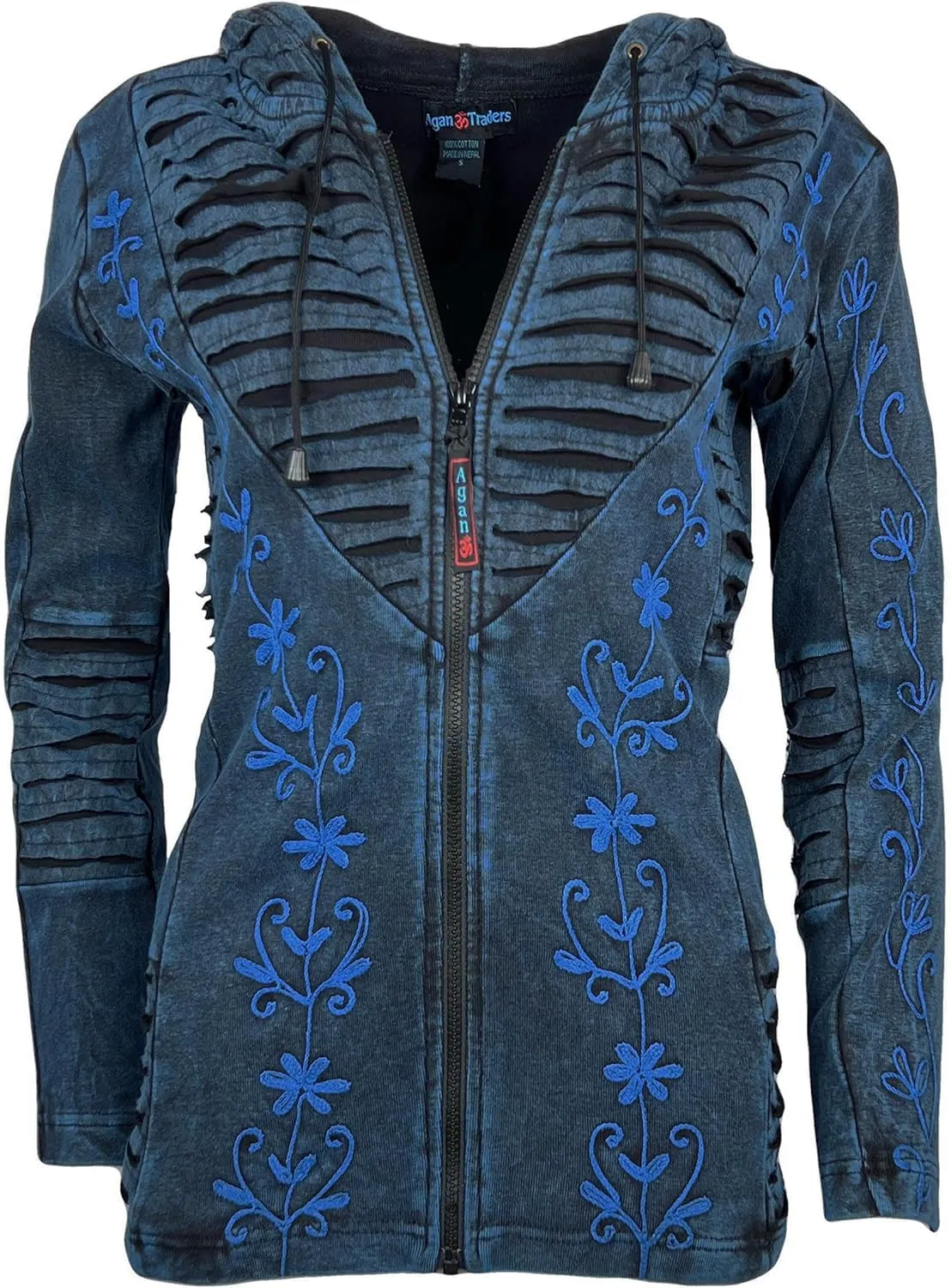 Agan Traders 2025 Summer Bohemian Rib Knit Cotton Distressed Embroidered Zip Up Hoodie Sweatshirt Jackets for Women