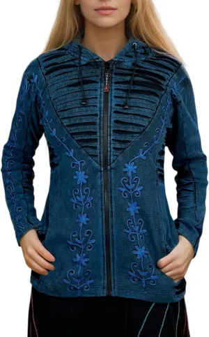 Agan Traders 2025 Summer Bohemian Rib Knit Cotton Distressed Embroidered Zip Up Hoodie Sweatshirt Jackets for Women