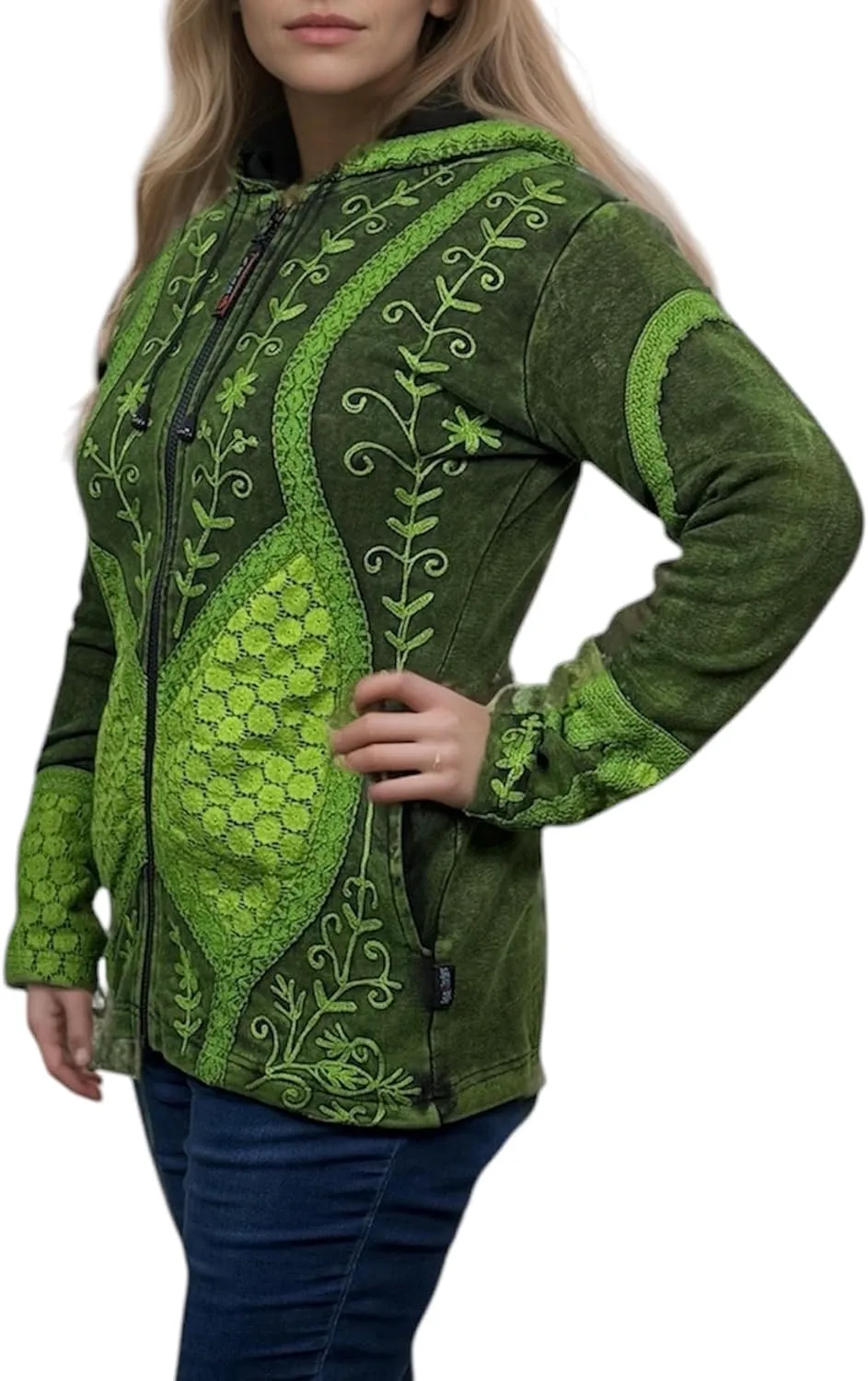 Agan Traders 2025 Summer Bohemian Rib Knit Cotton Distressed Embroidered Zip Up Hoodie Sweatshirt Jackets for Women