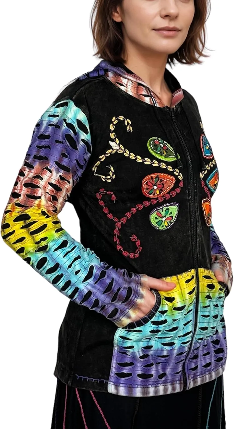 Agan Traders 2025 Summer Bohemian Zip Up Jackets for Women - Tie Dye Patch Distressed Women's Lightweight Hoodie Sweatshirts