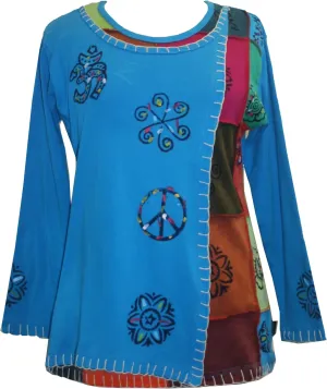 Agan Traders Women's 2025 Spring Thick Knit Cotton Boho Bohemian Sleeve Hippie Tie Dye Patchwork Sweatshirt Blouse Top