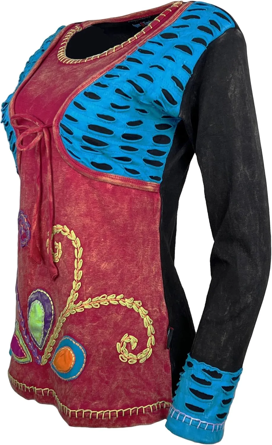 Agan Traders Women's 2025 Spring Thick Knit Cotton Boho Bohemian Sleeve Hippie Tie Dye Patchwork Sweatshirt Blouse Top