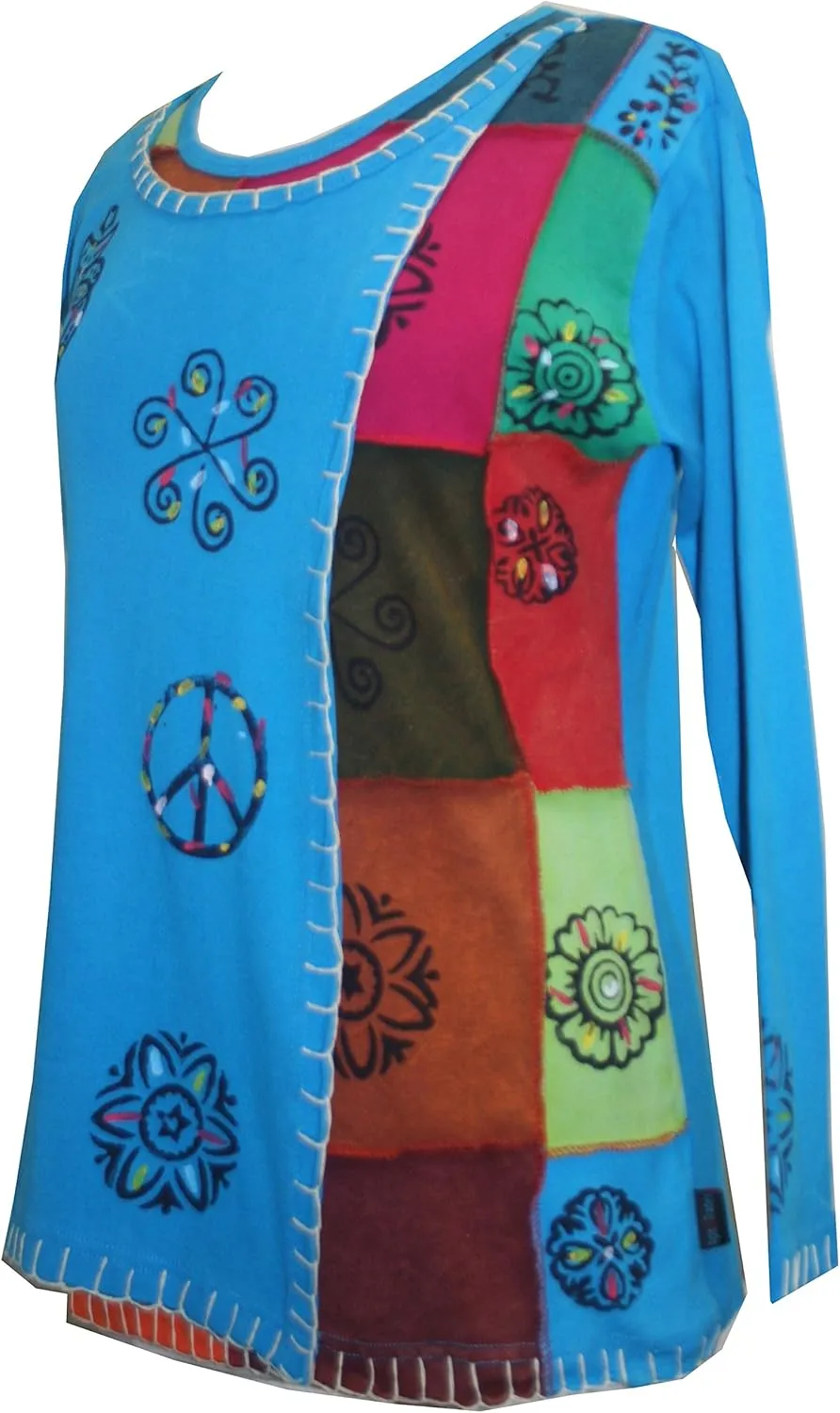 Agan Traders Women's 2025 Spring Thick Knit Cotton Boho Bohemian Sleeve Hippie Tie Dye Patchwork Sweatshirt Blouse Top