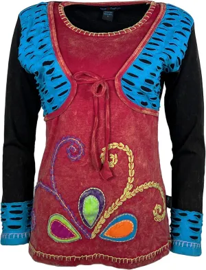 Agan Traders Women's 2025 Spring Thick Knit Cotton Boho Bohemian Sleeve Hippie Tie Dye Patchwork Sweatshirt Blouse Top