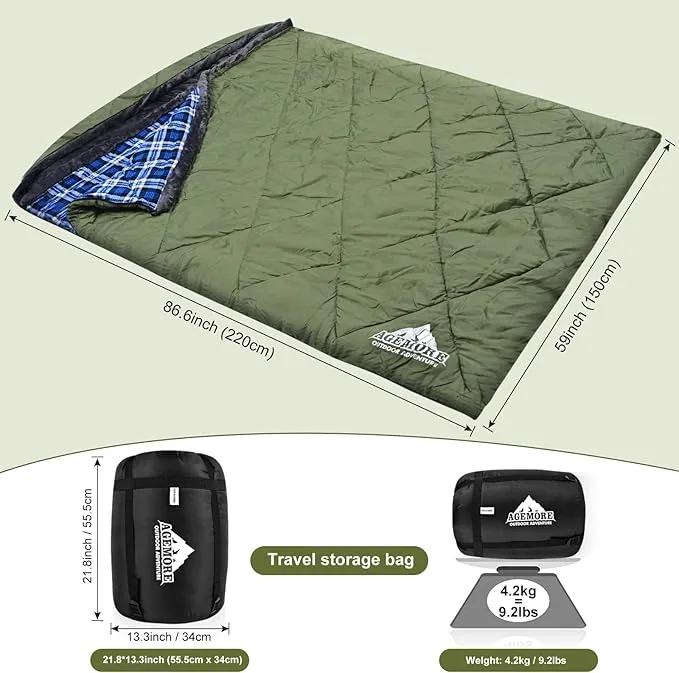 AGEMORE Cotton Flannel Sleeping Bag with Fleece Lined Hood, Waterproof XL Sleeping Bag for Adults, Cold Weather Sleeping Bag for Camping Backpacking or Hiking, 3-4season with Compression Sack