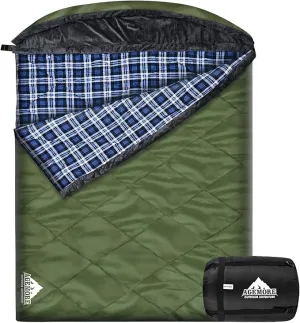 AGEMORE Cotton Flannel Sleeping Bag with Fleece Lined Hood, Waterproof XL Sleeping Bag for Adults, Cold Weather Sleeping Bag for Camping Backpacking or Hiking, 3-4season with Compression Sack