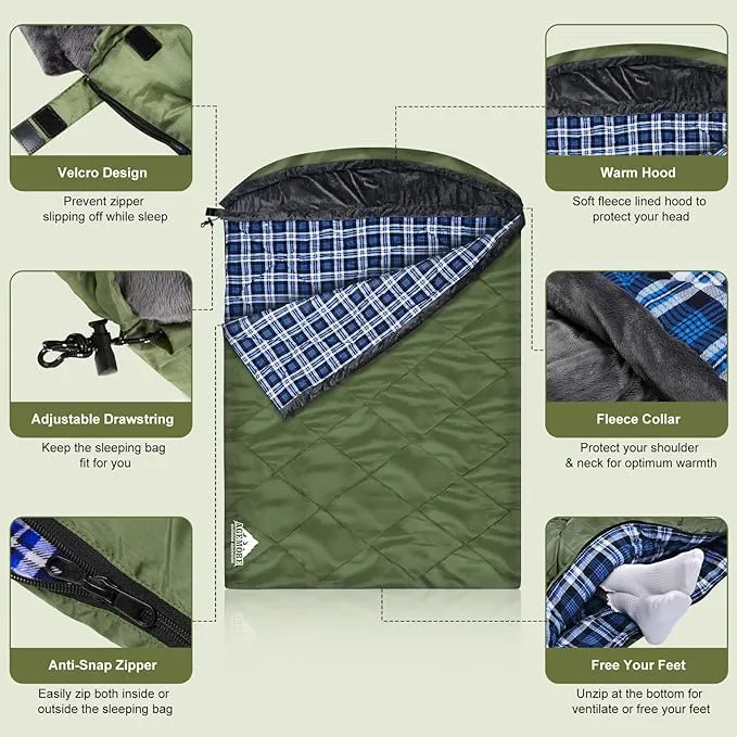 AGEMORE Cotton Flannel Sleeping Bag with Fleece Lined Hood, Waterproof XL Sleeping Bag for Adults, Cold Weather Sleeping Bag for Camping Backpacking or Hiking, 3-4season with Compression Sack