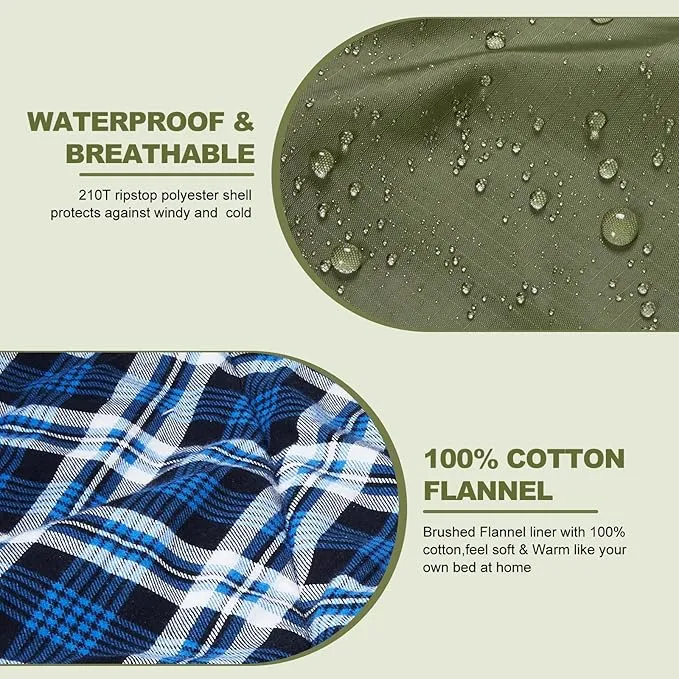 AGEMORE Cotton Flannel Sleeping Bag with Fleece Lined Hood, Waterproof XL Sleeping Bag for Adults, Cold Weather Sleeping Bag for Camping Backpacking or Hiking, 3-4season with Compression Sack