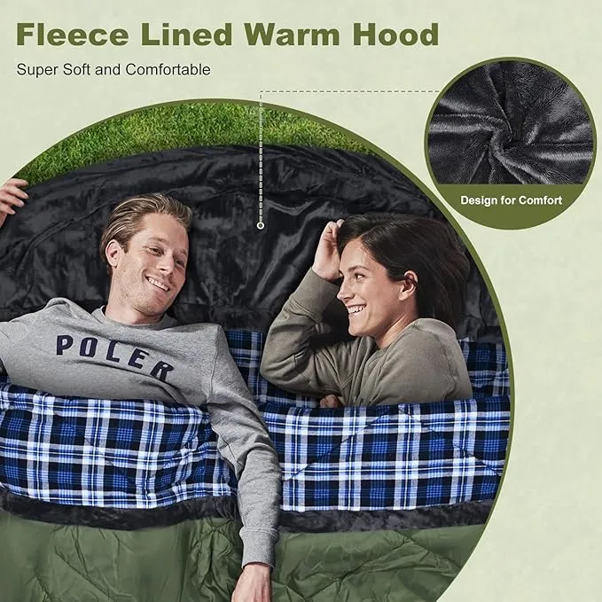 AGEMORE Cotton Flannel Sleeping Bag with Fleece Lined Hood, Waterproof XL Sleeping Bag for Adults, Cold Weather Sleeping Bag for Camping Backpacking or Hiking, 3-4season with Compression Sack