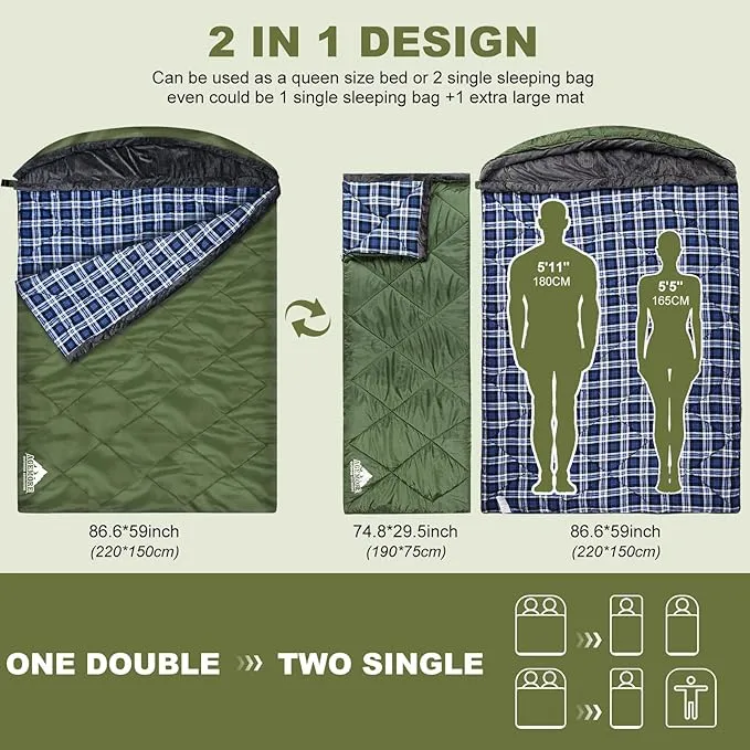 AGEMORE Cotton Flannel Sleeping Bag with Fleece Lined Hood, Waterproof XL Sleeping Bag for Adults, Cold Weather Sleeping Bag for Camping Backpacking or Hiking, 3-4season with Compression Sack
