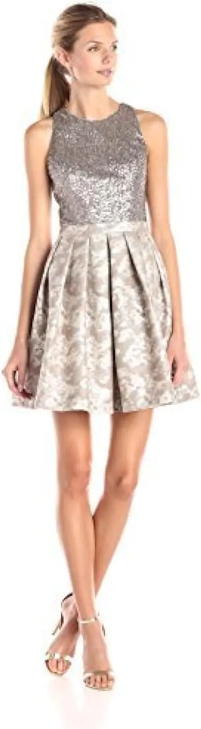 Aidan by Aidan Mattox Women's Embellished Bead and Sequin Cocktail Dress with Printed Fit and Flare Detail