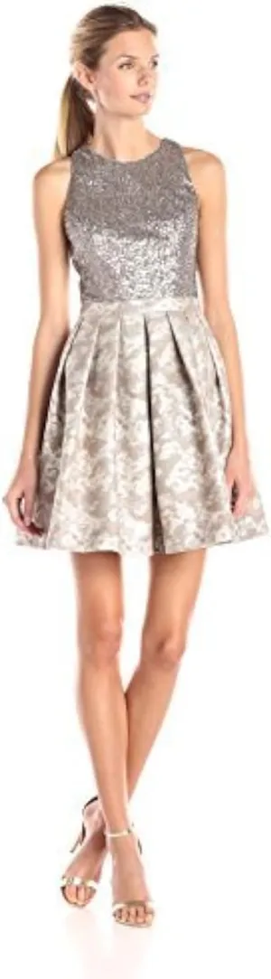 Aidan by Aidan Mattox Women's Embellished Bead and Sequin Cocktail Dress with Printed Fit and Flare Detail