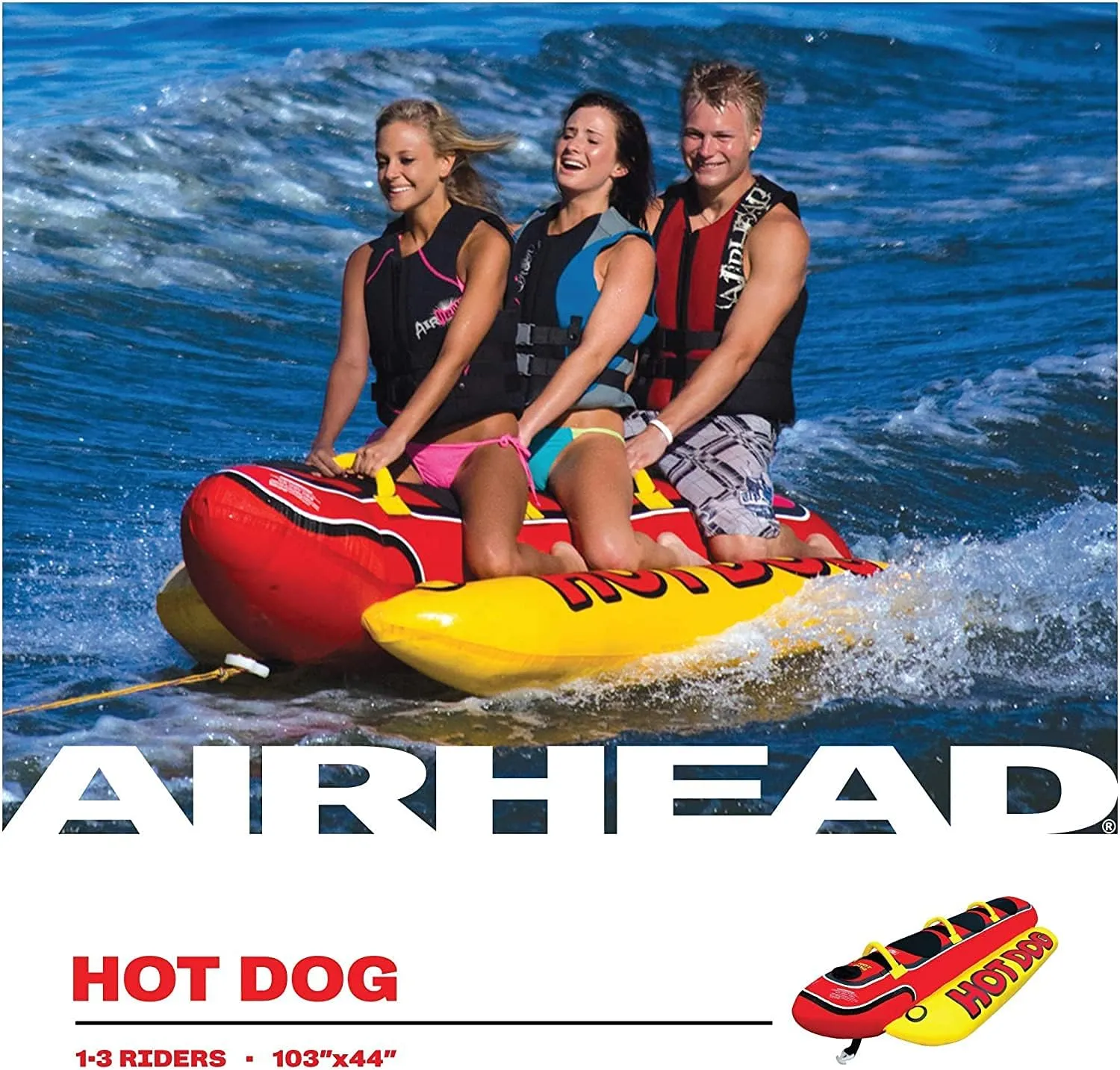 Airhead Hot Dog Towable | Multiple Models, Tube for Boating and Water Sports, Neoprene Seat Pads, Double-Stitched Full Nylon Cover, and Boston Valve for Convenient Inflating & Deflating
