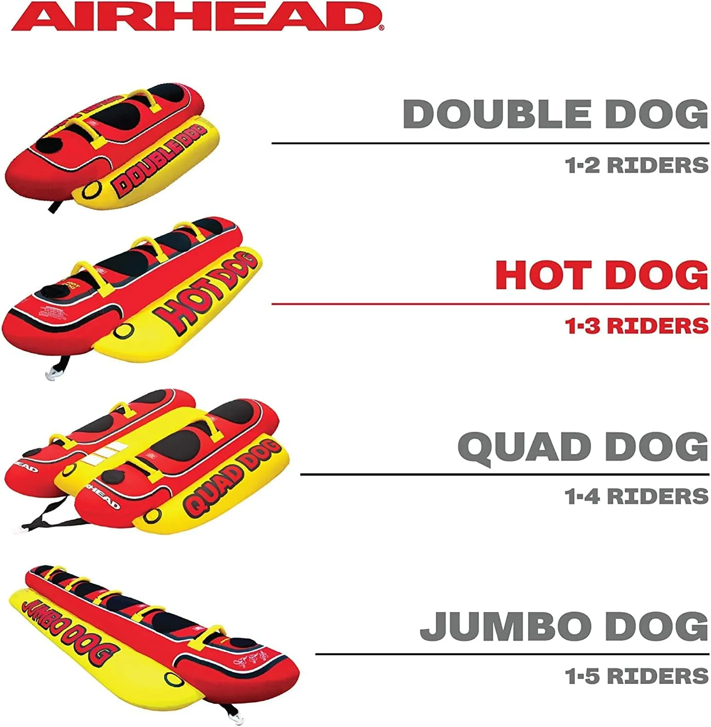 Airhead Hot Dog Towable | Multiple Models, Tube for Boating and Water Sports, Neoprene Seat Pads, Double-Stitched Full Nylon Cover, and Boston Valve for Convenient Inflating & Deflating
