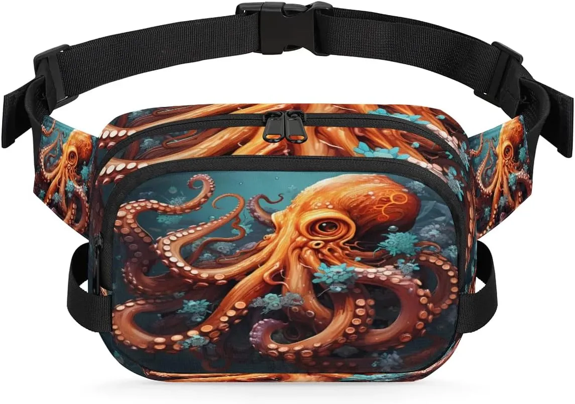 Algal Octopus Men's and Women's Waist Pack Crossbody Marine Life Octopus Waist Pack Running Strap, Adjustable Shoulder Strap - For Hiking and Running Exercise Fitness