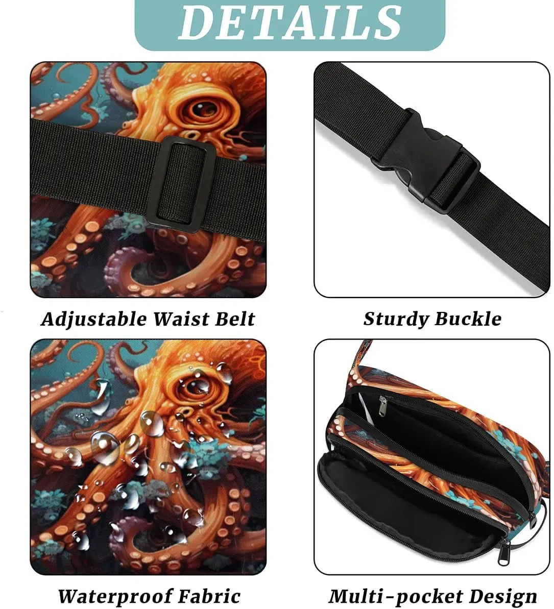 Algal Octopus Men's and Women's Waist Pack Crossbody Marine Life Octopus Waist Pack Running Strap, Adjustable Shoulder Strap - For Hiking and Running Exercise Fitness