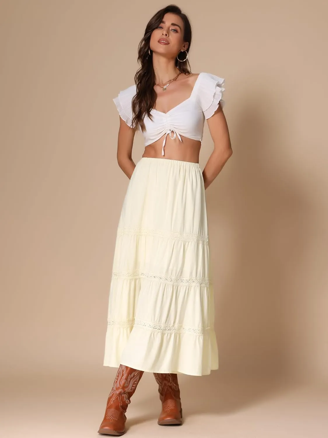 Allegra K Summer Maxi Skirt for Women's Elastic High Waist Lace Trim Flowy Tiered Long Skirts