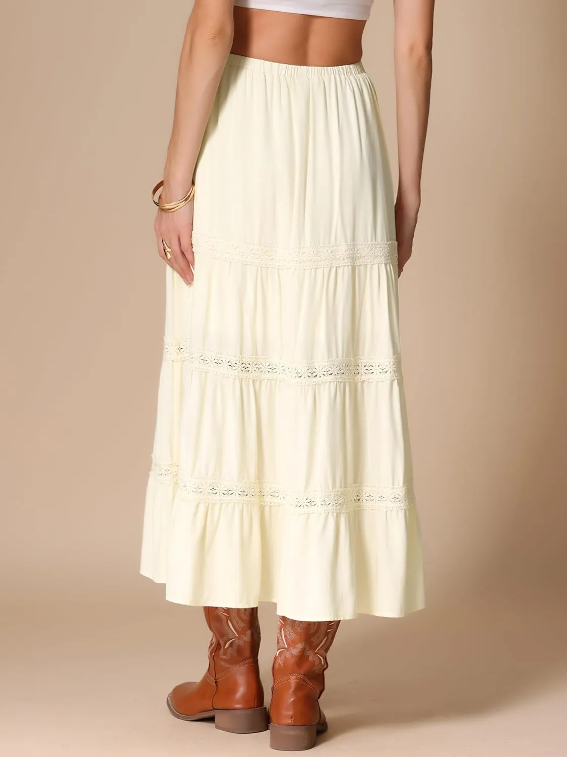 Allegra K Summer Maxi Skirt for Women's Elastic High Waist Lace Trim Flowy Tiered Long Skirts
