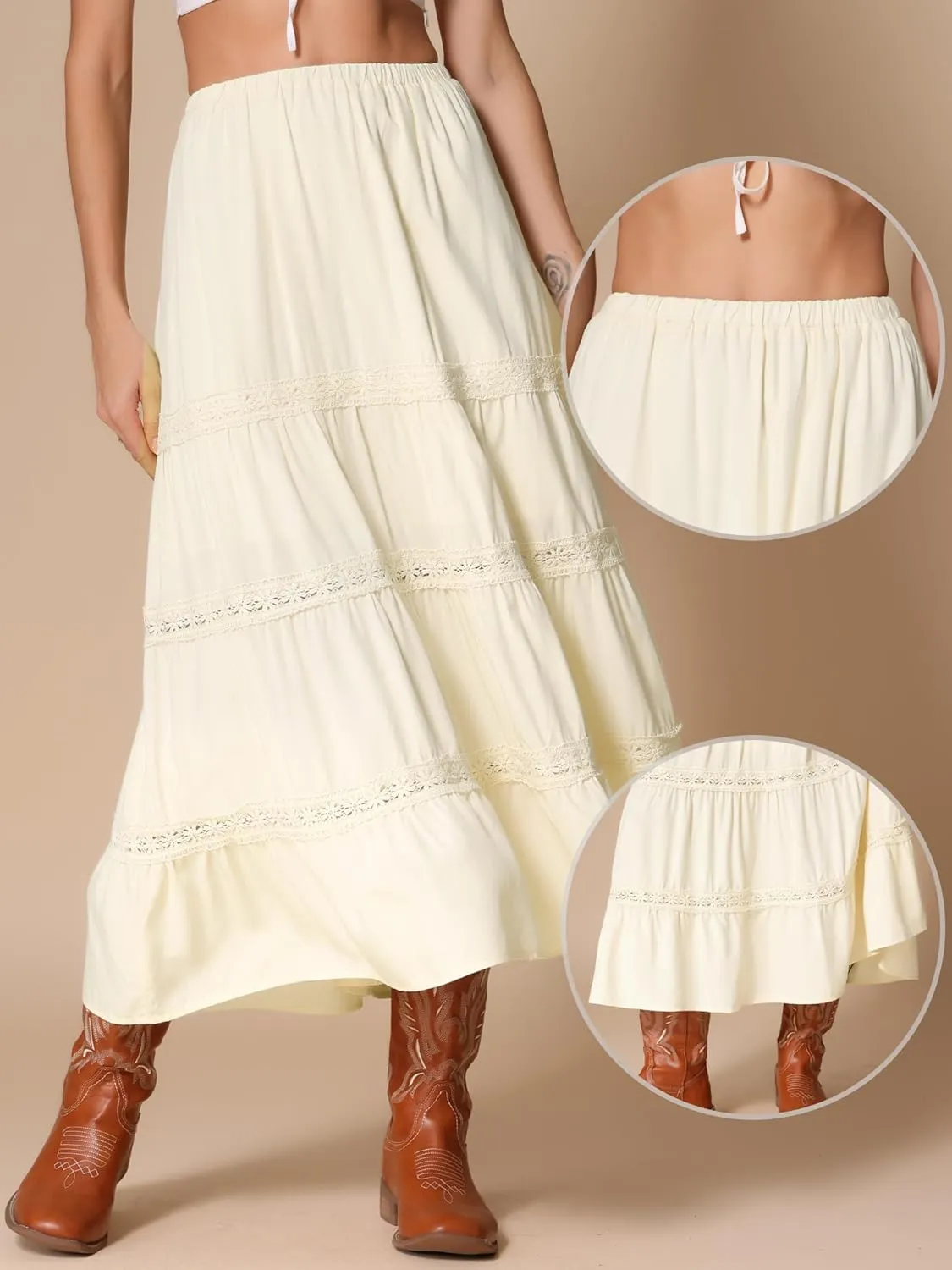 Allegra K Summer Maxi Skirt for Women's Elastic High Waist Lace Trim Flowy Tiered Long Skirts