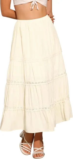 Allegra K Summer Maxi Skirt for Women's Elastic High Waist Lace Trim Flowy Tiered Long Skirts