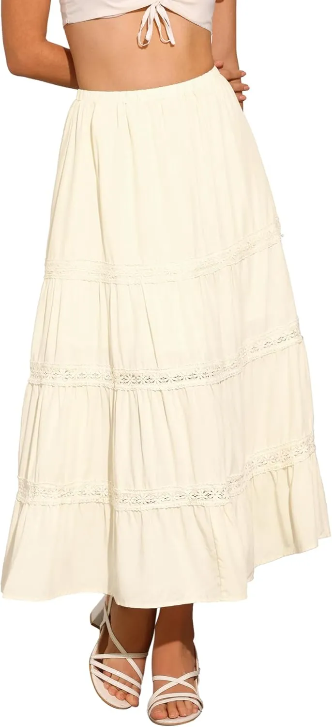 Allegra K Summer Maxi Skirt for Women's Elastic High Waist Lace Trim Flowy Tiered Long Skirts