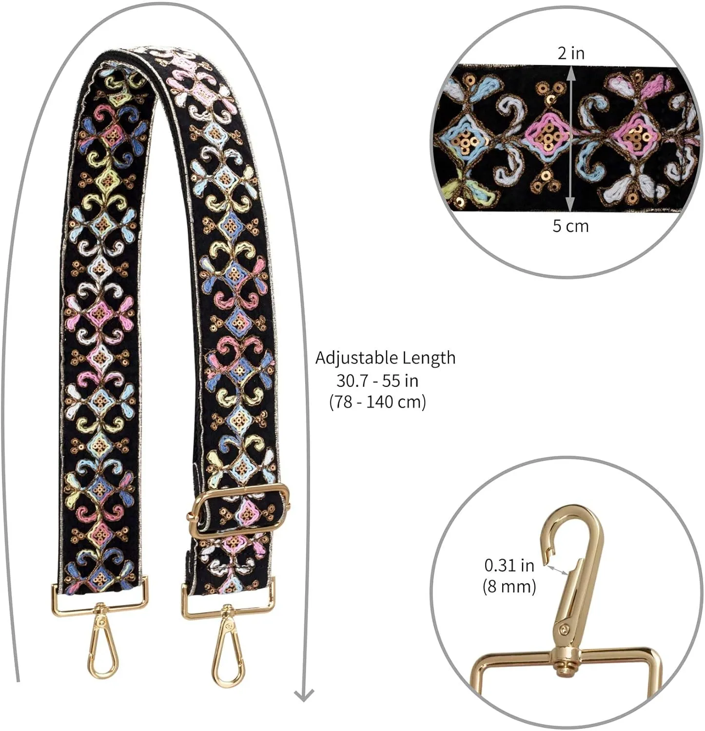 ALLZEDREAM Purse Strap Crossbody Replacement Handbag Shoulder Bag 2" Wide Adjustable Embroidered Lace Sequins