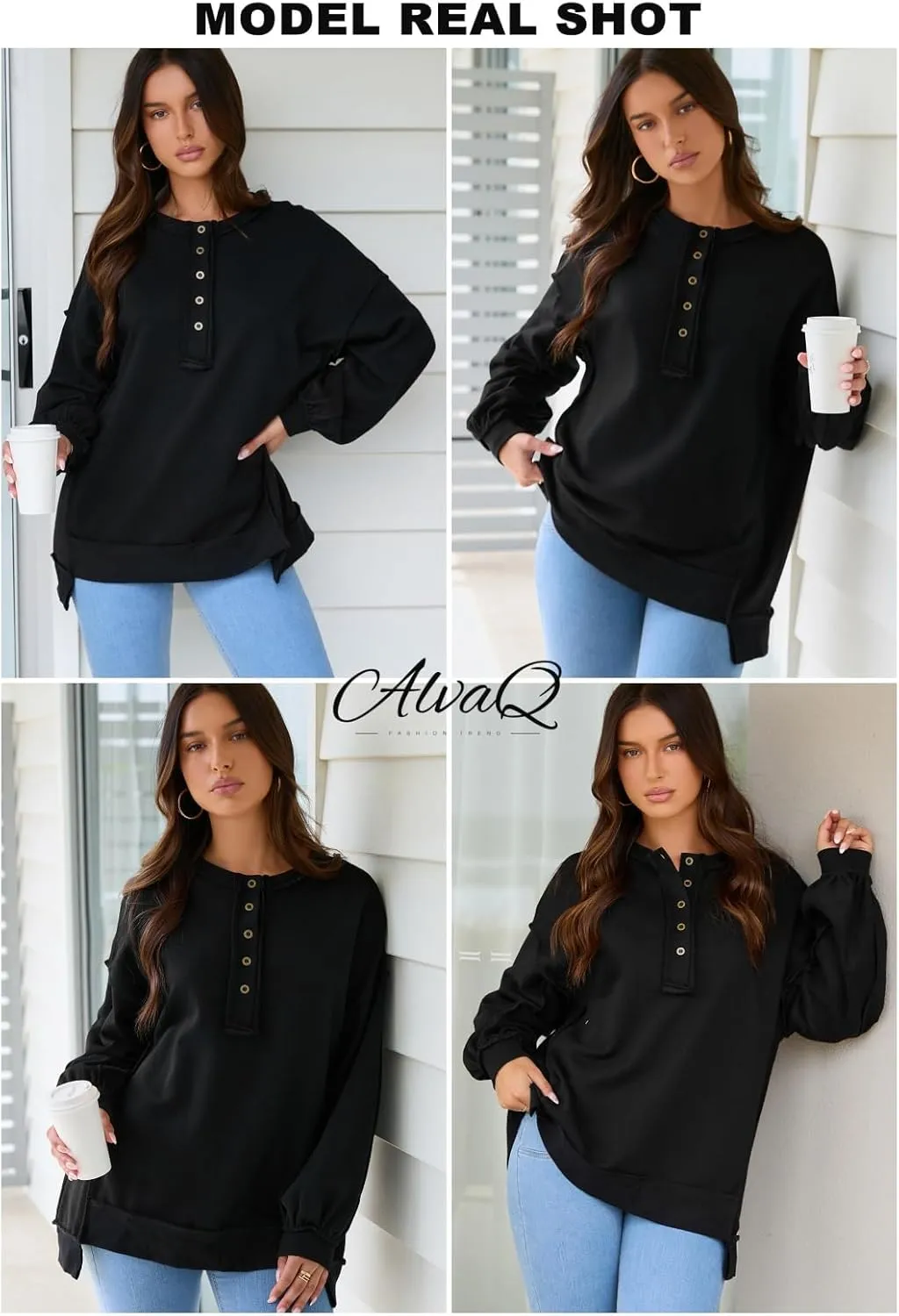 AlvaQ Women's Oversized Sweatshirt Casual Long Sleeve Button Henley Neck Pullover Tunic Tops Outfits