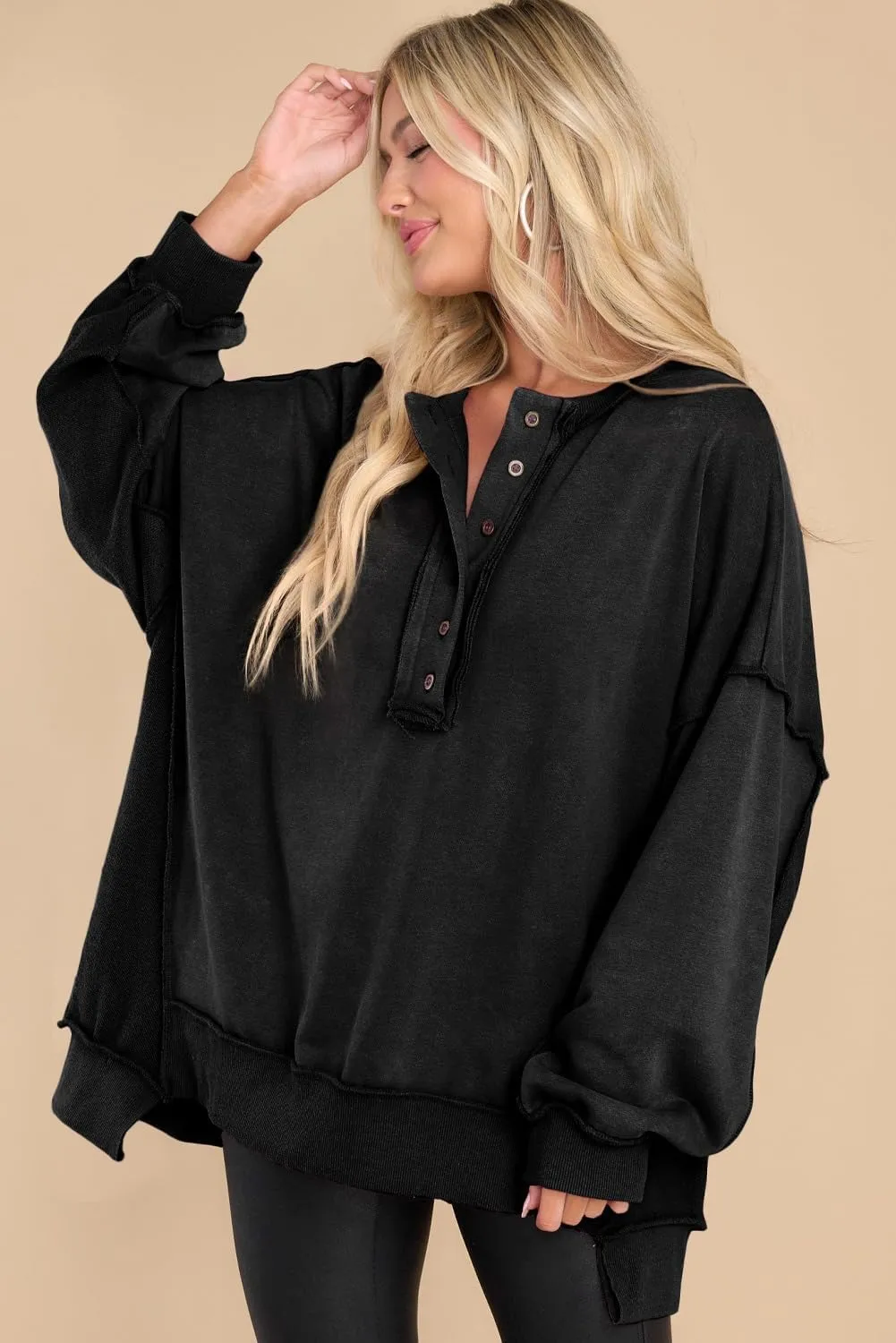 AlvaQ Women's Oversized Sweatshirt Casual Long Sleeve Button Henley Neck Pullover Tunic Tops Outfits