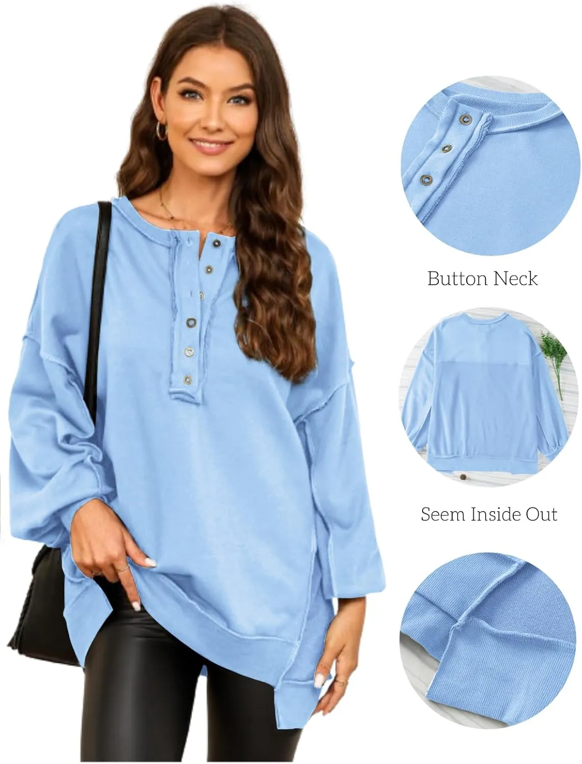 AlvaQ Women's Oversized Sweatshirt Casual Long Sleeve Button Henley Neck Pullover Tunic Tops Outfits