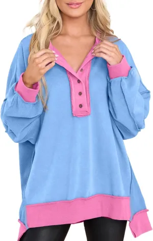 AlvaQ Women's Oversized Sweatshirt Casual Long Sleeve Button Henley Neck Pullover Tunic Tops Outfits