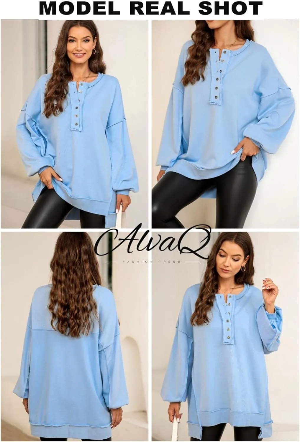 AlvaQ Women's Oversized Sweatshirt Casual Long Sleeve Button Henley Neck Pullover Tunic Tops Outfits