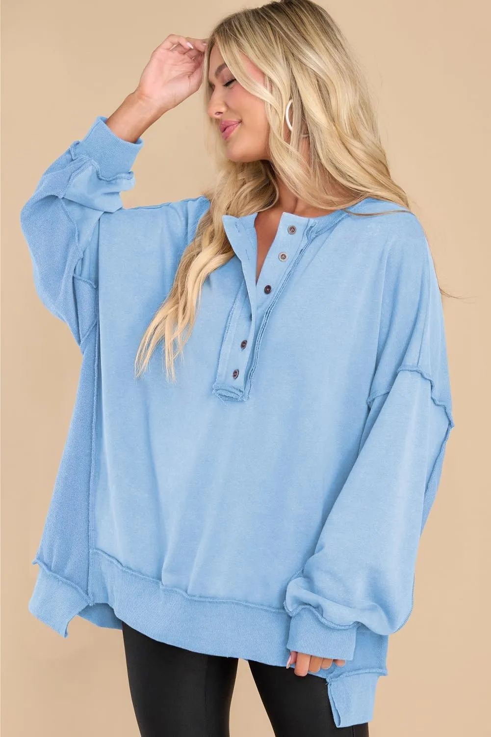 AlvaQ Women's Oversized Sweatshirt Casual Long Sleeve Button Henley Neck Pullover Tunic Tops Outfits